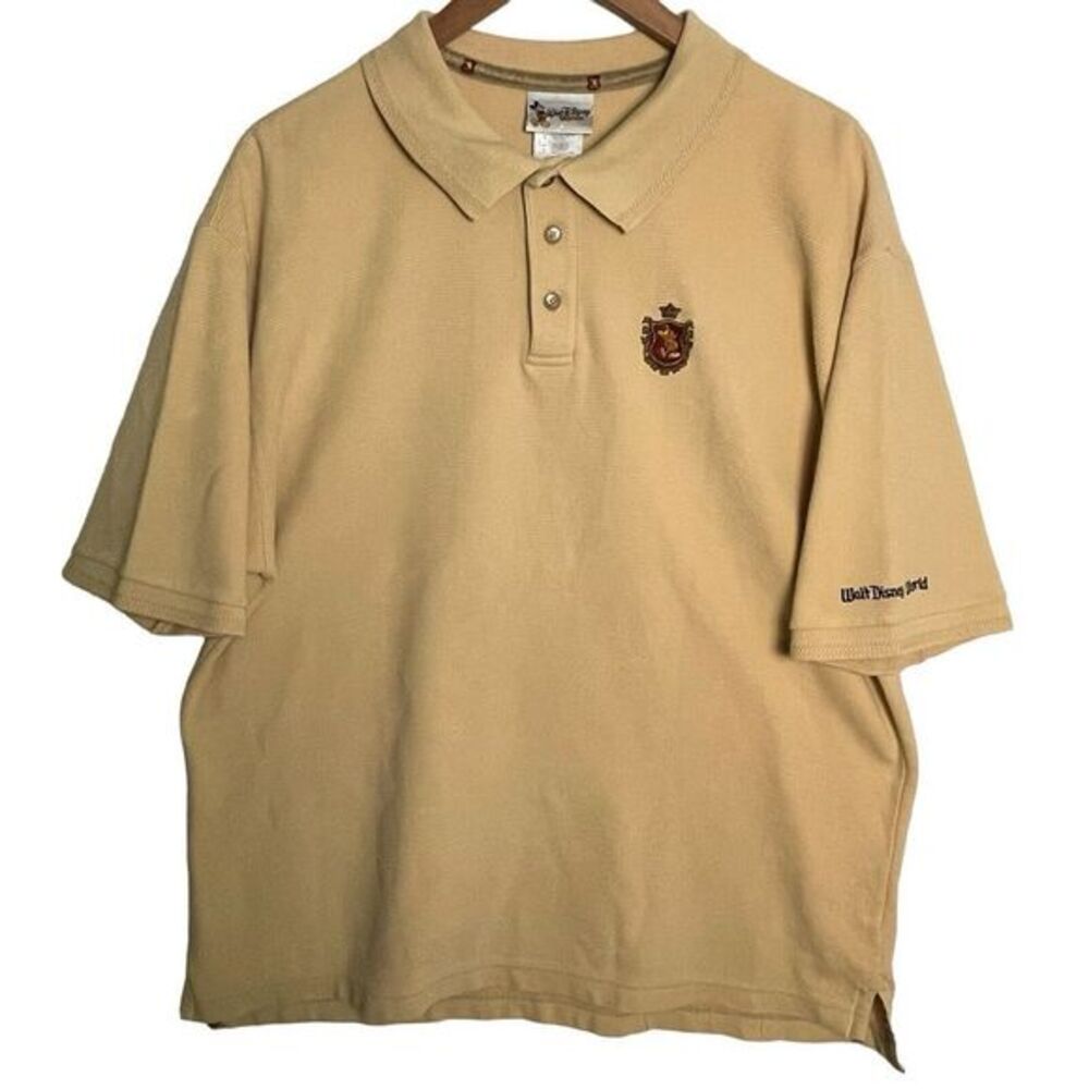 Walt Disney World Vintage Embroidered Crest Polo Shirt Khaki Beige‎ Cotton L